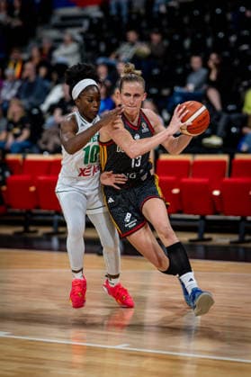 Basketball Villeurbanne 17 03 2026 Wommen™s Basketball World Cup 2026 Qualifying Tournament Nigeria NIG Germany GER Leonie Fiebich Germany, No 13 Promise Amukamara Nigeria, No 10