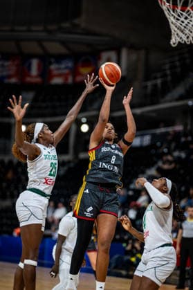 Basketball Villeurbanne 17 03 2026 Wommen™s Basketball World Cup 2026 Qualifying Tournament Nigeria NIG Germany GER Nyara Sabally Germany, No 08 Victoria Macaulay Nigeria, No 25