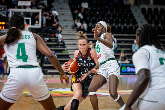 Basketball Villeurbanne 17 03 2026 Wommen™s Basketball World Cup 2026 Qualifying Tournament Nigeria NIG Germany GER Leonie Fiebich Germany, No 13 Victoria Macaulay Nigeria, No 25
