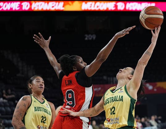 Australia v Canada - FIBA Women’s World Cup Qualifiers ISTANBUL, TURKIYE - MARCH 17: Australia’s Stephanie Reid (12) and Canada’s Yvonne Ejim (9) in action during the FIBA Women’s World Cup Qualifiers Group C match between Australia and Canada at the Turkcell Basketball Development Center in Istanbul, Turkiye, on March 17, 2026. Esra Bilgin Anadolu Istanbul Turkey. Editorial use only. Please get in touch for any other usage.  Copyright: x2026xAnadoluxEsraxBilginx