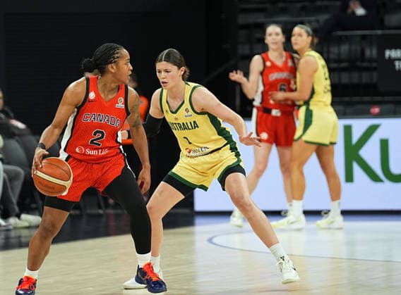 Australia v Canada - FIBA Women’s World Cup Qualifiers ISTANBUL, TURKIYE - MARCH 17: Australia’s Jade Melbourne (2) and Canada’s Shay Colley (2) in action during the FIBA Women’s World Cup Qualifiers Group C match between Australia and Canada at the Turkcell Basketball Development Center in Istanbul, Turkiye, on March 17, 2026. Esra Bilgin Anadolu Istanbul Turkey. Editorial use only. Please get in touch for any other usage.  Copyright: x2026xAnadoluxEsraxBilginx