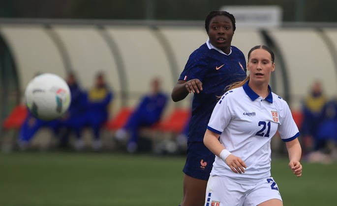 17.03.2026 Stara Pazova Serbia-France European U17, U 17 U-17 Under-17 qualifiers women s football Magdalena Petrovic (R) Serbia,Sharon Wapelabwebe (behind) France :