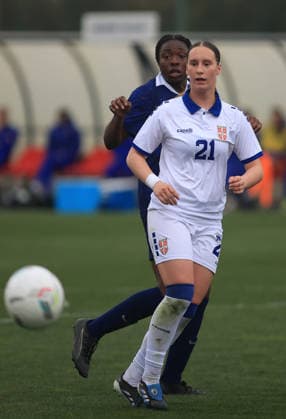17.03.2026 Stara Pazova Serbia-France European U17, U 17 U-17 Under-17 qualifiers women s football Magdalena Petrovic (R) Serbia,Sharon Wapelabwebe (behind) France :