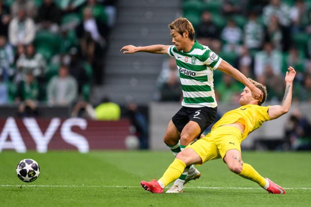 260317 Hidemasa Morita of Sporting and Ole Didrik Blomberg of Bodo Glimt during the UEFA Champions League football match between Sporting CP and Bodo Glimt on March 17, 2026 in Lisbon Photo Marius Simensen BILDBYRAN COP 238 MM0063 bbeng football fotball soccer uefa champions league mesterligaen bodo glimt sporting clube de portugal sporting lisboa sporting lisbon sporting cp  Copyright: MARIUSxSIMENSEN BB260317BB644