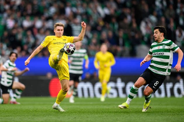 260317 Fredrik Sjovold of Bodo Glimt and Pedro Goncalves of Sporting during the UEFA Champions League football match between Sporting CP and Bodo Glimt on March 17, 2026 in Lisbon Photo Marius Simensen BILDBYRAN COP 238 MM0063 bbeng football fotball fotboll soccer uefa champions league mesterligaen bodo glimt sporting clube de portugal sporting lisboa sporting lisbon sporting cp  Copyright: MARIUSxSIMENSEN BB260317BB647