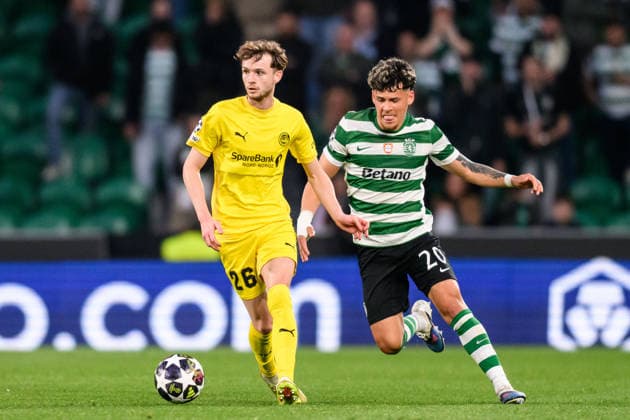 260317 Hakon Evjen of Bodo Glimt and Maximiliano Araujo of Sporting during the UEFA Champions League football match between Sporting CP and Bodo Glimt on March 17, 2026 in Lisbon Photo Marius Simensen BILDBYRAN COP 238 MM0063 bbeng football fotboll soccer uefa champions league mesterligaen bodo glimt sporting clube de portugal sporting lisboa sporting lisbon sporting cp  Copyright: MARIUSxSIMENSEN BB260317BB671