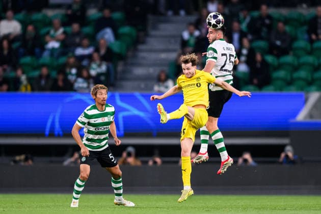 260317 Hakon Evjen of Bodo Glimt and Goncalo Inacio of Sporting during the UEFA Champions League football match between Sporting CP and Bodo Glimt on March 17, 2026 in Lisbon Photo Marius Simensen BILDBYRAN COP 238 MM0063 bbeng football fotball fotboll soccer uefa champions league mesterligaen bodo glimt sporting clube de portugal sporting lisboa sporting lisbon sporting cp  Copyright: MARIUSxSIMENSEN BB260317BB683