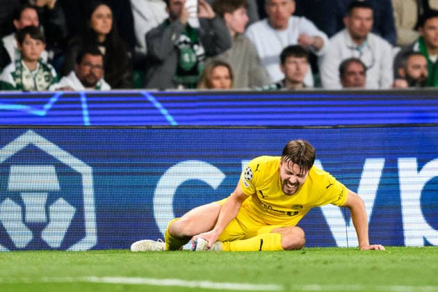 260317 Fredrik AndrÃ Bjorkan of Bodo Glimt in pain during the UEFA Champions League football match between Sporting CP and Bodo Glimt on March 17, 2026 in Lisbon Photo Marius Simensen BILDBYRAN COP 238 MM0063 bbeng football fotball fotboll soccer uefa champions league mesterligaen bodo glimt sporting clube de portugal sporting lisboa sporting lisbon sporting cp skada  Copyright: MARIUSxSIMENSEN BB260317BB723