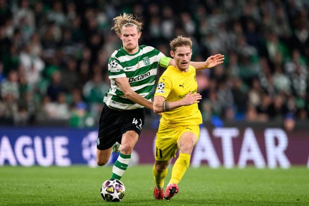 260317 Morten Hjulmand of Sporting and Ole Didrik Blomberg of Bodo Glimt during the UEFA Champions League football match between Sporting CP and Bodo Glimt on March 17, 2026 in Lisbon Photo Marius Simensen BILDBYRAN COP 238 MM0063 bbeng football fotball fotboll soccer uefa champions league mesterligaen bodo glimt sporting clube de portugal sporting lisboa sporting lisbon sporting cp  Copyright: MARIUSxSIMENSEN BB260317BB765