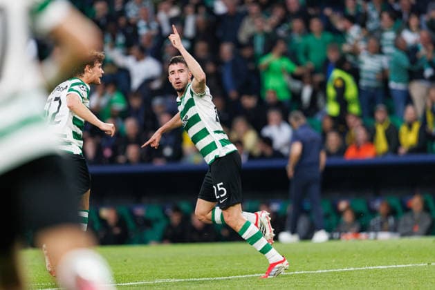 Goncalo Inacio seen celebrating after goal during UEFA Champions League Round of 16 game between teams of Sporting CP and FK Bodo Glimt at Estadio Jose Alvalade (Maciej Rogowski Ball Raw Images) Lisbon Estadio Jose Alvalade Portugal Copyright: xMaciejxRogowskix maciejrogowski_sporting_bodo_2526_ROG7449
