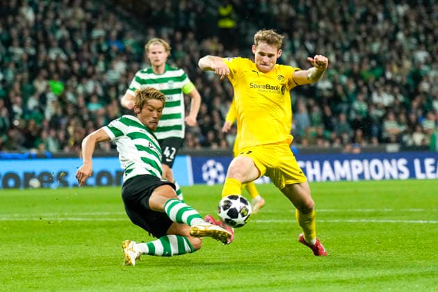 Football, Champions League 2025 2026 Sporting Lisbon Bodo Glimt Lisbon, Portugal 20260317 Ole Didrik Blomberg and Hidemasa Morita during the football match in the Champions League between Sporting Lisboa and Bodo Glimt at Estadio JosÃ Alvalade Photo Fredrik Varfjell NTB Lisboa Portugal EDITORIAL USE ONLY RESTRICTED USE FOR BETTING COMPANIES  Copyright: xFredrikxVarfjellx xNTBx