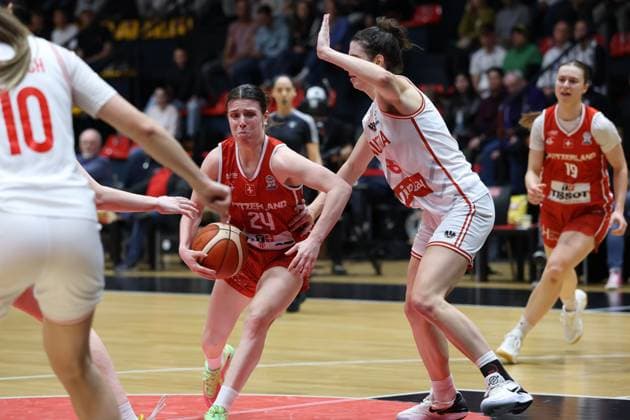 VIENNA, AUSTRIA, MAR. 17, 2026 WOMEN BASKETBALL EUROBASKET 2027 QUALIFIERS Â·First Round Â· Group D, AUSTRIA vs SWITZERLAND Evita Herminjard (SUI) and Anja Fuchs-Robetin (AUT) in duel VIENNA VIENNA, Hallmann Dome Hallmann Dome, Austria (AUT) AUSTRIA