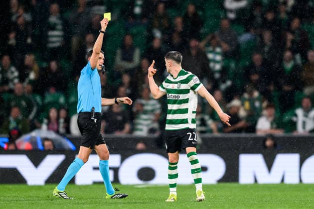 260317 Sandro Schärer, referee shows a yellow card for Ivan Fresneda Corraliza of Sporting during the UEFA Champions League football match between Sporting CP and Bodo Glimt on March 17, 2026 in Lisbon Photo Marius Simensen BILDBYRAN COP 238 MM0063 bbeng football fotball fotboll soccer uefa champions league mesterligaen bodo glimt sporting clube de portugal sporting lisboa sporting lisbon sporting cp  Copyright: MARIUSxSIMENSEN BB260317BB803
