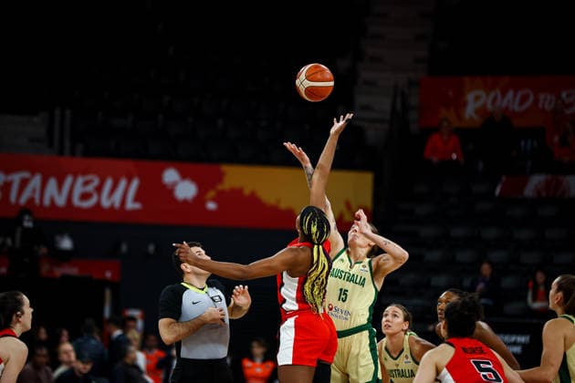 Australia vs Canada Women s Basketball World Cup 2026 Qualifying Tournaments Cayla George of Australian national team, Nationalteam and Aaliyah Edwards of Canada National Team jump during the Women s Basketball World Cup 2026 Qualifying Tournaments Group Phase - Group A between Australia National Team and Canada National Team at Turkcell Basketball Development Center on March 17, 2026 in Istanbul, Turkey. Istanbul Istanbul Turkey Copyright: xBurakxBasturkx