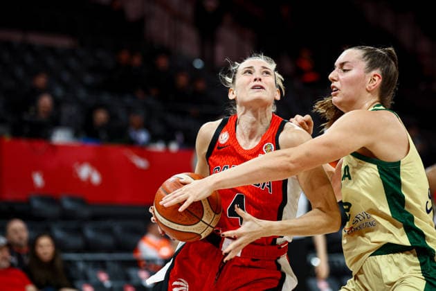 Australia vs Canada Women s Basketball World Cup 2026 Qualifying Tournaments Sami Hill of Canada national team, Nationalteam drives to the basket for a layup during the Women s Basketball World Cup 2026 Qualifying Tournaments Group Phase - Group A between Australia National Team and Canada National Team at Turkcell Basketball Development Center on March 17, 2026 in Istanbul, Turkey. Istanbul Istanbul Turkey Copyright: xBurakxBasturkx