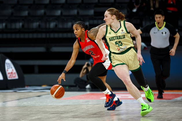 Australia vs Canada Women s Basketball World Cup 2026 Qualifying Tournaments Shay Colley of Canada national team, Nationalteam dribbles the ball during the Women s Basketball World Cup 2026 Qualifying Tournaments Group Phase - Group A between Australia National Team and Canada National Team at Turkcell Basketball Development Center on March 17, 2026 in Istanbul, Turkey. Istanbul Istanbul Turkey Copyright: xBurakxBasturkx