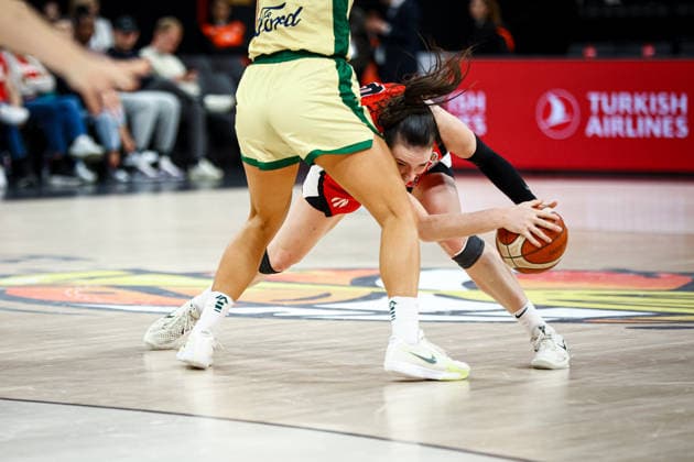 Australia vs Canada Women s Basketball World Cup 2026 Qualifying Tournaments Bridget Carleton of Canada national team, Nationalteam vies for the ball during the Women s Basketball World Cup 2026 Qualifying Tournaments Group Phase - Group A between Australia National Team and Canada National Team at Turkcell Basketball Development Center on March 17, 2026 in Istanbul, Turkey. Istanbul Istanbul Turkey Copyright: xBurakxBasturkx