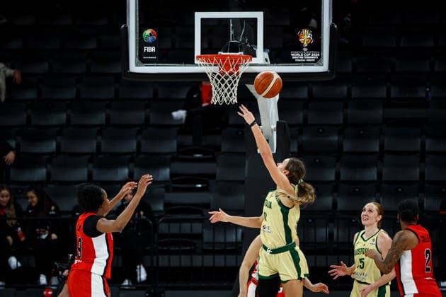 Australia vs Canada Women s Basketball World Cup 2026 Qualifying Tournaments Alanna Smith of Australian national team, Nationalteam drives to the basket for a layup during the Women s Basketball World Cup 2026 Qualifying Tournaments Group Phase - Group A between Australia National Team and Canada National Team at Turkcell Basketball Development Center on March 17, 2026 in Istanbul, Turkey. Istanbul Istanbul Turkey Copyright: xBurakxBasturkx