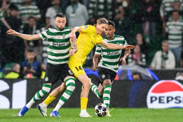 260317 Zeno Debast of Sporting and Ulrik Saltnes of Bodo Glimt during the UEFA Champions League football match between Sporting CP and Bodo Glimt on March 17, 2026 in Lisbon Photo Marius Simensen BILDBYRAN COP 238 MM0063 bbeng football fotball fotboll soccer uefa champions league mesterligaen bodo glimt sporting clube de portugal sporting lisboa sporting lisbon sporting cp  Copyright: MARIUSxSIMENSEN BB260317BB818
