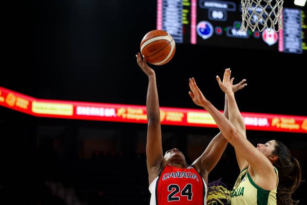 Australia vs Canada Women s Basketball World Cup 2026 Qualifying Tournaments Aaliyah Edwards of Canada national team, Nationalteam drives to the basket for a layup during the Women s Basketball World Cup 2026 Qualifying Tournaments Group Phase - Group A between Australia National Team and Canada National Team at Turkcell Basketball Development Center on March 17, 2026 in Istanbul, Turkey. Istanbul Istanbul Turkey Copyright: xBurakxBasturkx