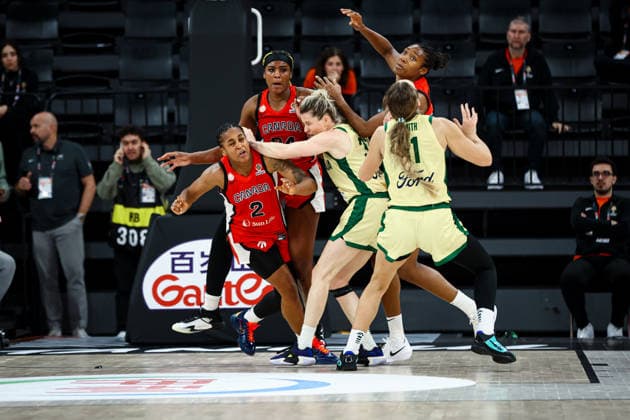 Australia vs Canada Women s Basketball World Cup 2026 Qualifying Tournaments Shay Colley of Canada national team, Nationalteam Aaliyah Edwards of Canada National Team, Sami Whitcomb of Australian National Team and Alanna Smith of Australian National Team vie for the ball during the Women s Basketball World Cup 2026 Qualifying Tournaments Group Phase - Group A between Australia National Team and Canada National Team at Turkcell Basketball Development Center on March 17, 2026 in Istanbul, Turkey. Istanbul Istanbul Turkey Copyright: xBurakxBasturkx
