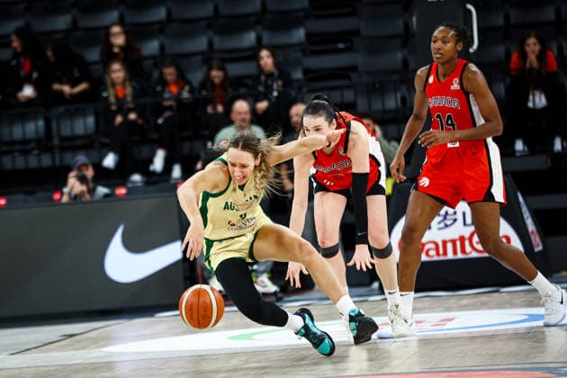Australia vs Canada Women s Basketball World Cup 2026 Qualifying Tournaments Alanna Smith of Australian national team, Nationalteam falls after a collision during the Women s Basketball World Cup 2026 Qualifying Tournaments Group Phase - Group A between Australia National Team and Canada National Team at Turkcell Basketball Development Center on March 17, 2026 in Istanbul, Turkey. Istanbul Istanbul Turkey Copyright: xBurakxBasturkx