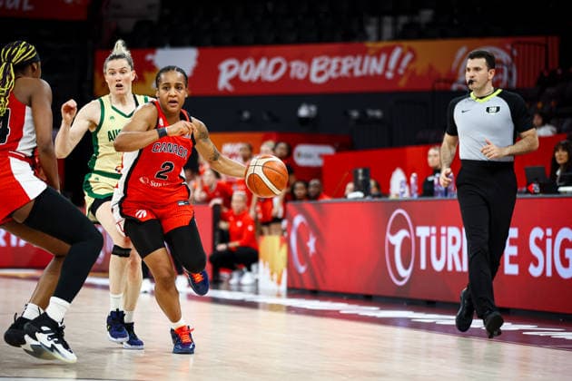 Australia vs Canada Women s Basketball World Cup 2026 Qualifying Tournaments Shay Colley of Canada national team, Nationalteam dribbles the ball during the Women s Basketball World Cup 2026 Qualifying Tournaments Group Phase - Group A between Australia National Team and Canada National Team at Turkcell Basketball Development Center on March 17, 2026 in Istanbul, Turkey. Istanbul Istanbul Turkey Copyright: xBurakxBasturkx
