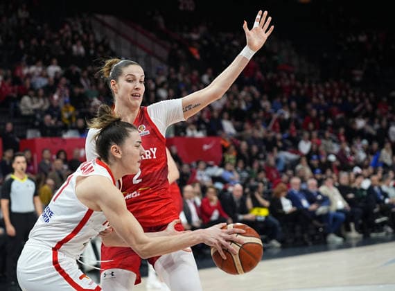 Turkiye v Hungary -FIBA Women World Cup Qualifiers ISTANBUL, TURKIYE - MARCH 17: Turkiye player Elif Bayram and Hungary player Virag Takacs-Kiss compete for the ball during the FIBA Women World Cup Qualifiers Group C basketball match between Turkiye and Hungary at the Turkcell Basketball Development Center in Istanbul, Turkiye on March 17, 2026. Esra Bilgin Anadolu Istanbul Turkey. Editorial use only. Please get in touch for any other usage.  Copyright: x2026xAnadoluxEsraxBilginx