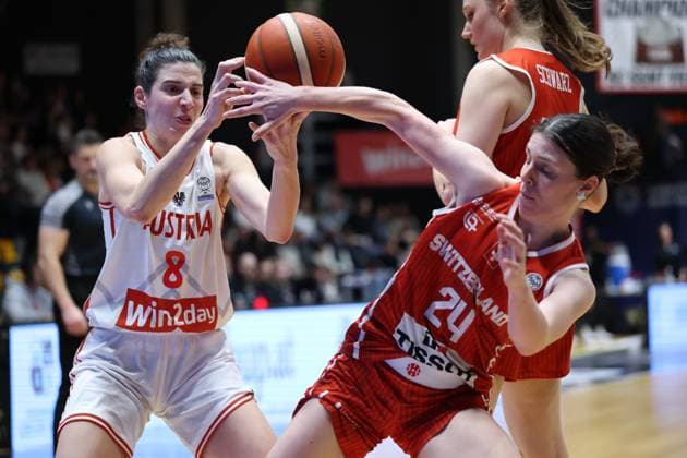 VIENNA, AUSTRIA, MAR. 17, 2026 WOMEN BASKETBALL EUROBASKET 2027 QUALIFIERS Â·First Round Â· Group D, AUSTRIA vs SWITZERLAND Anja Fuchs-Robetin (AUT) and Evita Herminjard (SUI) in duel VIENNA VIENNA, Hallmann Dome Hallmann Dome, Austria (AUT) AUSTRIA