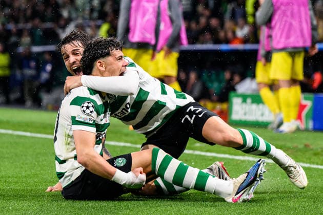 260317 Maximiliano Araujo and Daniel Braganca of Sporting celebrate after the 4 0 goal during the UEFA Champions League football match between Sporting CP and Bodo Glimt on March 17, 2026 in Lisbon Photo Marius Simensen BILDBYRAN COP 238 MM0063 bbeng football fotboll soccer uefa champions league mesterligaen bodo glimt sporting clube de portugal sporting lisboa sporting lisbon sporting cp jubel  Copyright: MARIUSxSIMENSEN BB260317BB883