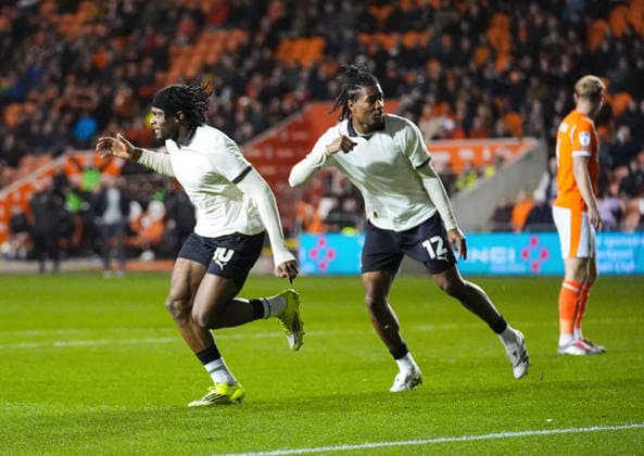 Blackpool v Port Vale Sky Bet League 1 Dajaune Brown of Port Vale (left) celebrates scoring his sides first goal during the Sky Bet League 1 match at Bloomfield Road, Blackpool 17 03 2026 UK Newspapers OUT Copyright: xMikexMartinx FIL-23146-0019