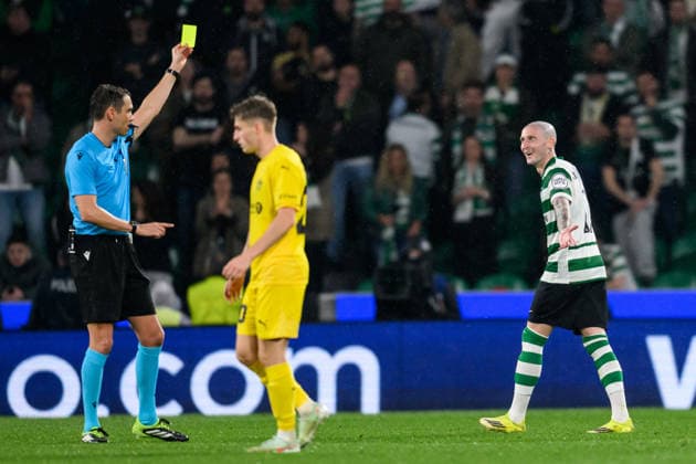260317 Sandro Schärer, referee shows a yellow card for Nuno Santos of Sporting during the UEFA Champions League football match between Sporting CP and Bodo Glimt on March 17, 2026 in Lisbon Photo Marius Simensen BILDBYRAN COP 238 MM0063 bbeng football fotball fotboll soccer uefa champions league mesterligaen bodo glimt sporting clube de portugal sporting lisboa sporting lisbon sporting cp  Copyright: MARIUSxSIMENSEN BB260317BB905