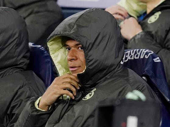 Manchester, England, 17th March 2026. Kylian Mbappe of Real Madrid starts on the bench during the Manchester City vs Real Madrid UEFA Champions League round of 16 match at the Etihad Stadium, Manchester. Picture credit should read: Andrew Yates Sportimage EDITORIAL USE ONLY. No use with unauthorised audio, video, data, fixture lists, club league logos or live services. Online in-match use limited to 120 images, no video emulation. No use in betting, games or single club league player publications. SPI_019_AY_ManCity_Madrid SPI-4612-0032