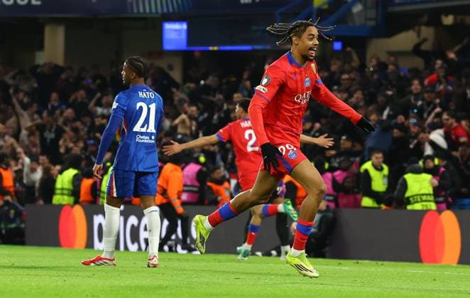 Bradley Barcola of Paris Saint-Germain celebrates scoring his sides second goal Chelsea v Paris Saint-Germain, UEFA Champions League, Round of 16, Second Leg, Football, Stamford Bridge, London, UK - 17 Mar 2026London Stamford Bridge United Kingdom EDITORIAL USE ONLY No use with unauthorised audio, video, data, fixture lists, club league logos or live services. Online in-match use limited to 120 images, no video emulation. No use in betting, games or single club league player publications. Copyright: xShutterstockx 16776722p