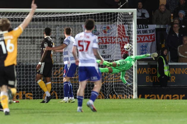Burton Albion v Reading, EFL Sky Bet League 1 GOAL 1-0 Reading goalkeeper Joel Pereira (1) is beaten by a shot from Burton Albion midfielder George Evans (12) during the EFL Sky Bet League 1 match between Burton Albion and Reading at the Pirelli Stadium, Burton upon Trent, UK on 17 March 2026. Burton upon Trent Pirelli Stadium Staffordshire UK Editorial use only DataCo restrictions apply See www.football-dataco.com , Copyright: xJohnxMallettx PSI-23912-0030