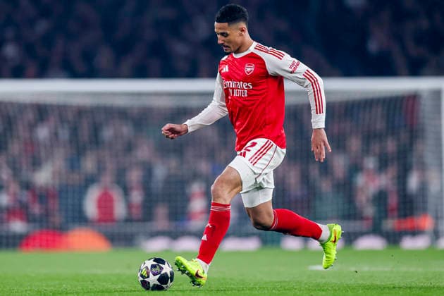 LONDON, ENGLAND - MARCH 17: William Saliba of Arsenal passes the ball during the UEFA Champions League 2025 26 Round of 16 Second Leg match between Arsenal FC and Bayer 04 Leverkusen at Arsenal Stadium on March 17, 2026 in London, England.  Copyright: xRenexNijhuis MBxMediax