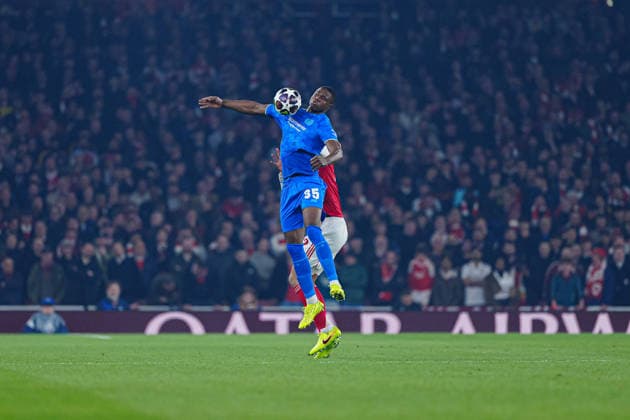 Christian Kofane Bayer 04 Leverkusen, 35 , William Saliba FC Arsenal, 02 ENG, FC Arsenal vs Bayer 04 Leverkusen, Football, UEFA Champions League, Round of 16, 2025 2026 season, 17 03 2026 ENG, FC Arsenal vs Bayer 04 Leverkusen, Football, UEFA Champions League, Round of 16, 2025 2026 season, 17 03 2026 London Copyright: xEibner-Pressefoto MarcelxvonxFehrnx EP_MFN