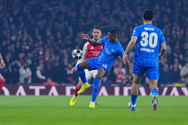 William Saliba FC Arsenal, 02 , Christian Kofane Bayer 04 Leverkusen, 35 ENG, FC Arsenal vs Bayer 04 Leverkusen, Football, UEFA Champions League, Round of 16, 2025 2026 season, 17 03 2026 ENG, FC Arsenal vs Bayer 04 Leverkusen, Football, UEFA Champions League, Round of 16, 2025 2026 season, 17 03 2026 London Copyright: xEibner-Pressefoto MarcelxvonxFehrnx EP_MFN