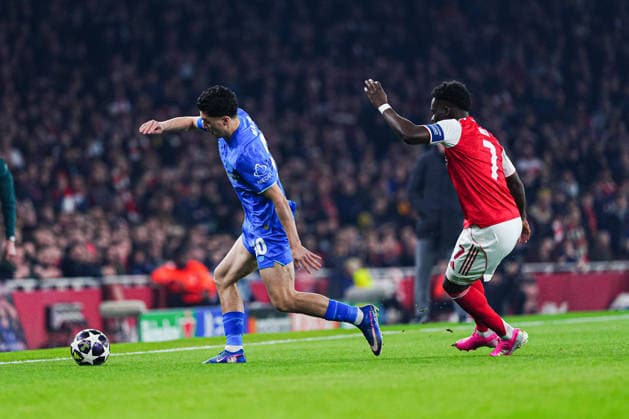 Ibrahim Maza Bayer 04 Leverkusen, 30 , Bukayo Saka FC Arsenal, 07 ENG, FC Arsenal vs Bayer 04 Leverkusen, Football, UEFA Champions League, Round of 16, 2025 2026 season, 17 03 2026 ENG, FC Arsenal vs Bayer 04 Leverkusen, Football, UEFA Champions League, Round of 16, 2025 2026 season, 17 03 2026 London Copyright: xEibner-Pressefoto MarcelxvonxFehrnx EP_MFN