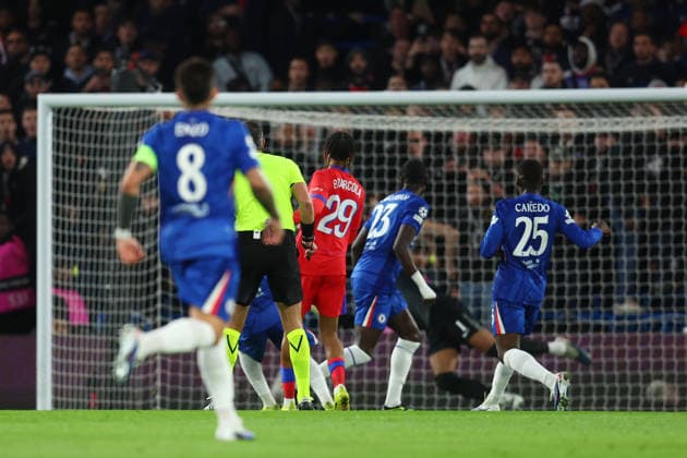 London, England, 17th March 2026. Bradley Barcola of Paris Saint-Germain scores to make it 2-0 during the Chelsea vs Paris Saint Germain UEFA Champions League round of 16 match at Stamford Bridge, London. Picture credit should read: Paul Terry Sportimage EDITORIAL USE ONLY. No use with unauthorised audio, video, data, fixture lists, club league logos or live services. Online in-match use limited to 120 images, no video emulation. No use in betting, games or single club league player publications. SPI_034_PT_Chelsea_PSG SPI-4610-0033