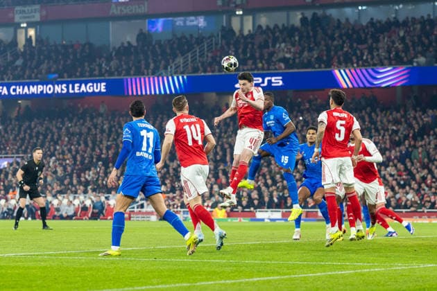 Arsenal v Bayer Leverkusen, Champions League Arsenal midfielder Declan Rice (41) heads the ball away from danger during the Champions League match between Arsenal and Bayer Leverkusen at the Emirates Stadium, London, UK on 17 March 2026. London Emirates Stadium Greater London UK Editorial use only , Copyright: xToyinxOshodix PSI-23909-0015