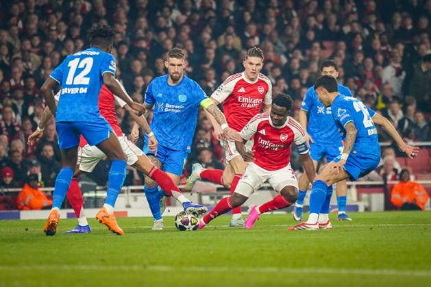 England Football UEFA Champions League 2025 2026, Round of 16 second leg FC Arsenal London vs Bayer 04 Leverkusen Emirates Stadium London Bukayo Saka Arsenal, 7 Robert Andrich Bayer 04 Leverkusen, 8 Copyright: xJOERANxSTEINSIEKx