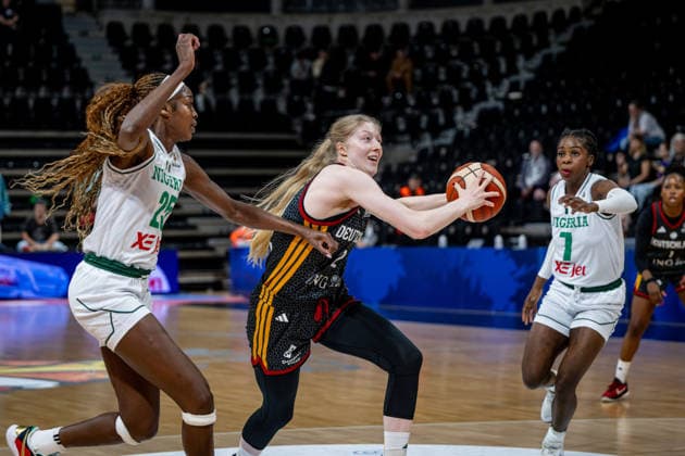 Basketball Villeurbanne 17 03 2026 Wommen™s Basketball World Cup 2026 Qualifying Tournament Nigeria NIG Germany GER Frida Bühner Germany, No 20 Victoria Macaulay Nigeria, No 25