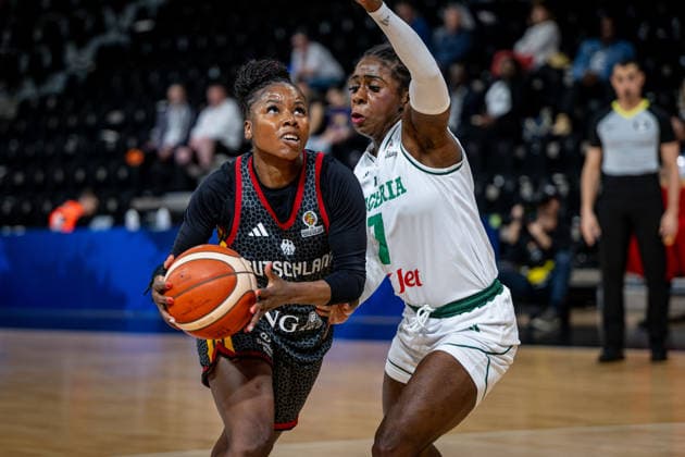 Basketball Villeurbanne 17 03 2026 Wommen™s Basketball World Cup 2026 Qualifying Tournament Nigeria NIG Germany GER Alexis Peterson Germany, No 01 Sarah Ogoke Nigeria, No 07