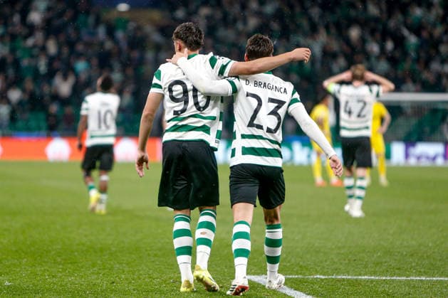 Rafael Nel of Sporting CP celebrates with Daniel Braganca after scoring the team s fifth goal during the UEFA Champions League, Last 16, second-leg football match between Sporting Clube de Portugal vs Bodo Glimt at Estadio Jose Alvalade on March 17, 2026 in Lisbon, Portugal. UEFA Champions League - Sporting CP vs Bodo Glimt (Valter Gouveia SPP)  Copyright: xValterxGouveia SPPx spp-en-VaGo-_GO_8338