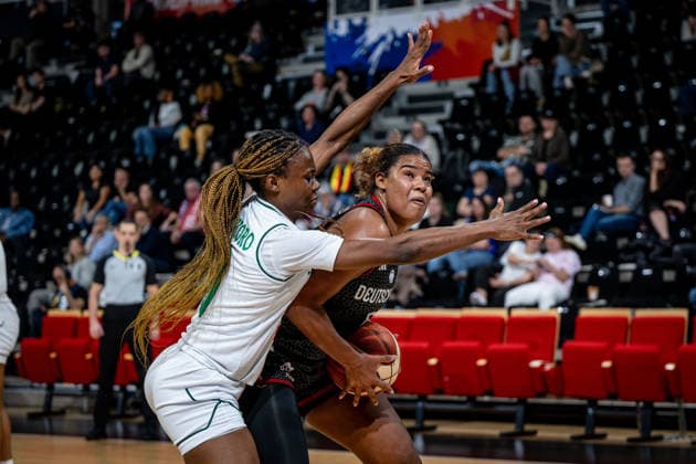 Basketball Villeurbanne 17 03 2026 Wommen™s Basketball World Cup 2026 Qualifying Tournament Nigeria NIG Germany GER Nyara Sabally Germany, No 08 Ifunaya Okoro Nigeria, No 09