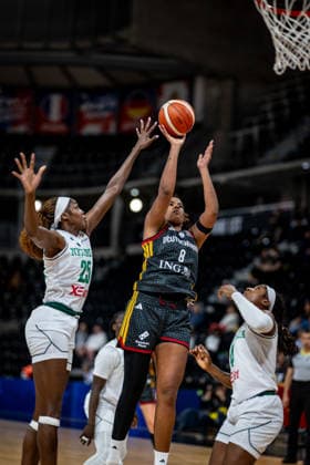 Basketball Villeurbanne 17 03 2026 Wommen™s Basketball World Cup 2026 Qualifying Tournament Nigeria NIG Germany GER Nyara Sabally Germany, No 08 Victoria Macaulay Nigeria, No 25 li Elizabeth Balogun Nigeria, No 04