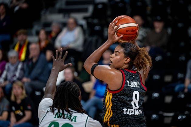 Basketball Villeurbanne 17 03 2026 Wommen™s Basketball World Cup 2026 Qualifying Tournament Nigeria NIG Germany GER Nyara Sabally Germany, No 08 Murjanatu Musa Nigeria, No 20