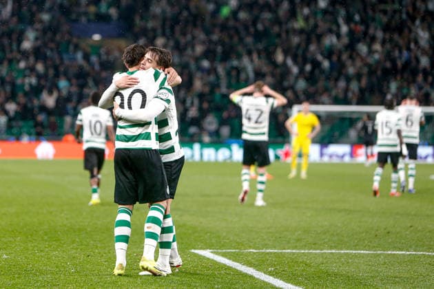 Rafael Nel of Sporting CP celebrates with Daniel Braganca after scoring the team s fifth goal during the UEFA Champions League, Last 16, second-leg football match between Sporting Clube de Portugal vs Bodo Glimt at Estadio Jose Alvalade on March 17, 2026 in Lisbon, Portugal. UEFA Champions League - Sporting CP vs Bodo Glimt (Valter Gouveia SPP)  Copyright: xValterxGouveia SPPx spp-en-VaGo-_GO_8333