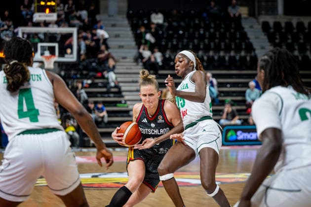 Basketball Villeurbanne 17 03 2026 Wommen™s Basketball World Cup 2026 Qualifying Tournament Nigeria NIG Germany GER Leonie Fiebich Germany, No 13 Victoria Macaulay Nigeria, No 25
